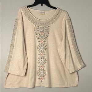 ALFRED DUNNER Women's Missy Ec Embroidery Top Shirt 3/4 Sleeves Plus Size